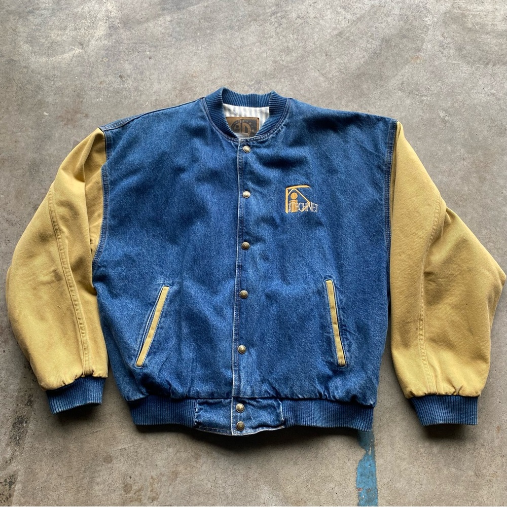 VINTAGE 90s Microsoft Denim Varsity Bomber Jacket Blue Brown Rare Technet